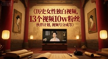 历史女性独白视频，13个视频10w粉丝，伙伴计划，视频号分成等