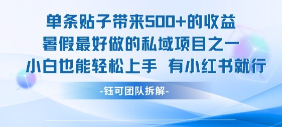 单条贴子带来5张的收益，暑假最好做的私域项目之一，小白也能轻松上手，有小红书就行
