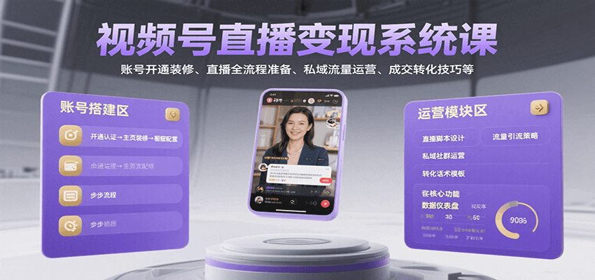 视频号直播变现系统课，账号开通装修、直播全流程准备、私域流量运营、成交转化技巧等
