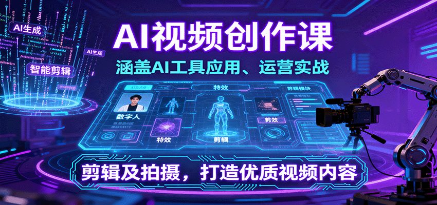 AI视频创作课，涵盖AI工具应用、运营实战、剪辑及拍摄，打造优质视频内容
