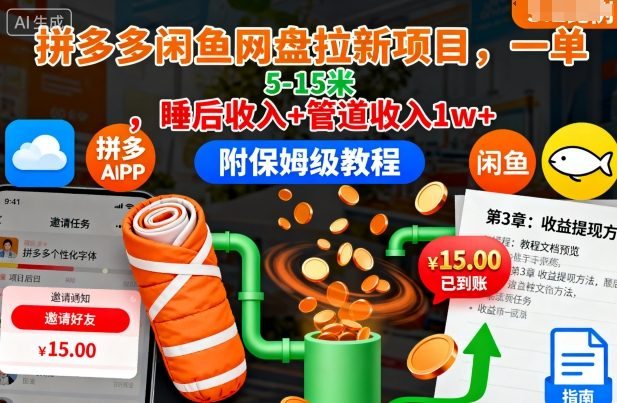 拼多多闲鱼网盘拉新项目，一单5-15米，睡后收入+管道收入1w+(附保姆级教程)