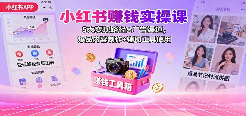 小红书赚钱实操课：5大变现路径+广告渠道，爆品内容制作+辅助工具使用