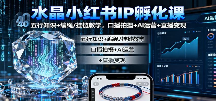 水晶小红书IP孵化课：五行知识+编绳/挂链教学，口播拍摄+AI运营+直播变现