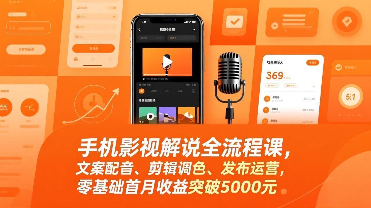 手机影视解说全流程课，文案配音、剪辑调色、发布运营，零基础首月收益突破5000元